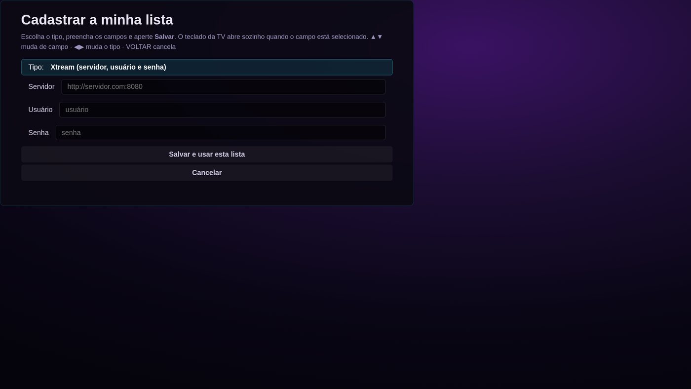 Cadastro de lista Xtream Codes