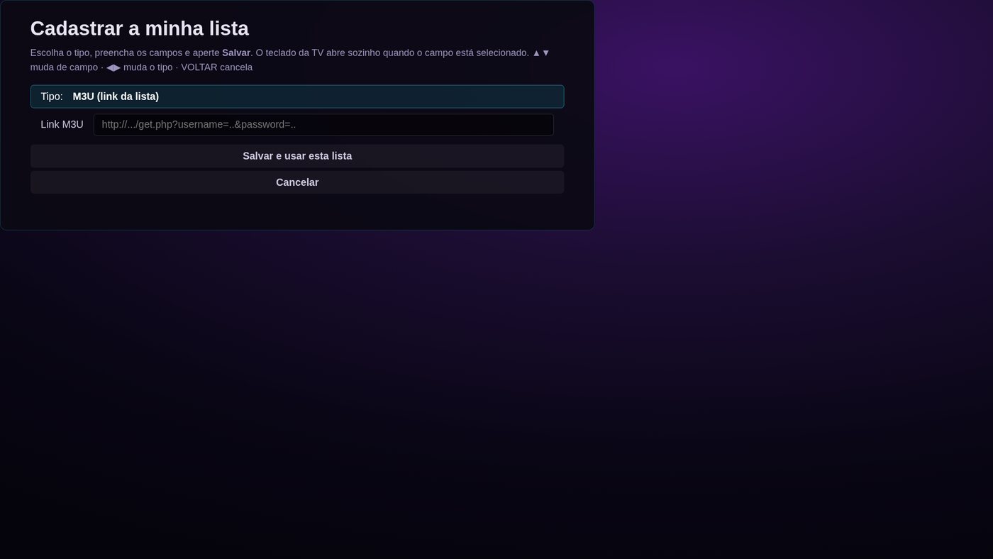 Cadastro de lista por link M3U
